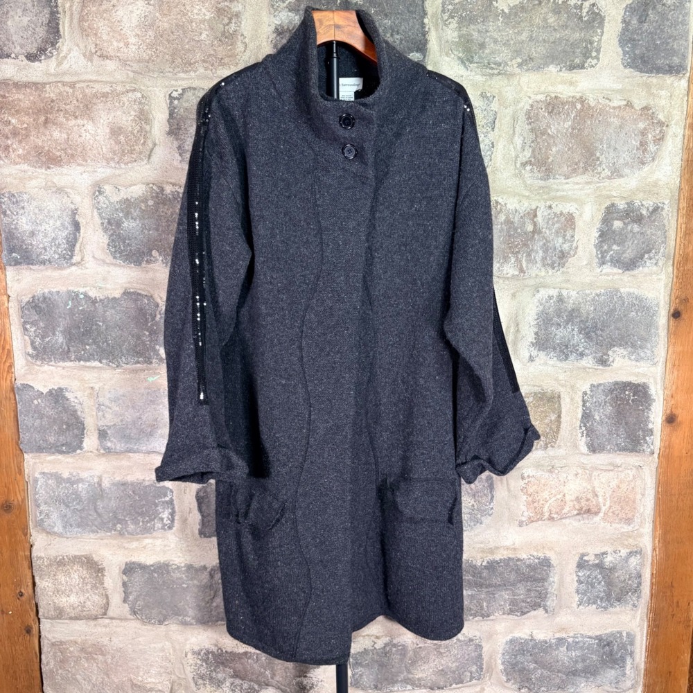 Soft Surroundings‎ Merino Wool Sequin Trim Long Cardigan Gray Funnel Neck Large